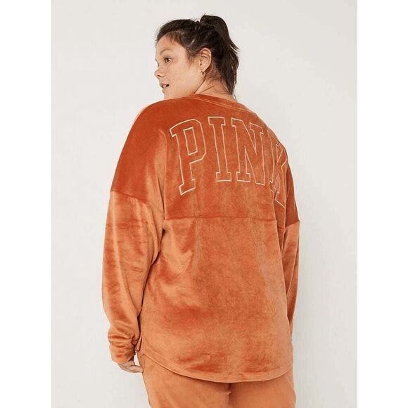 PINK Victorias Secret Cinnamon Spice Velour Orange Varsity Crew Sweater L NWT - Picture 8 of 10